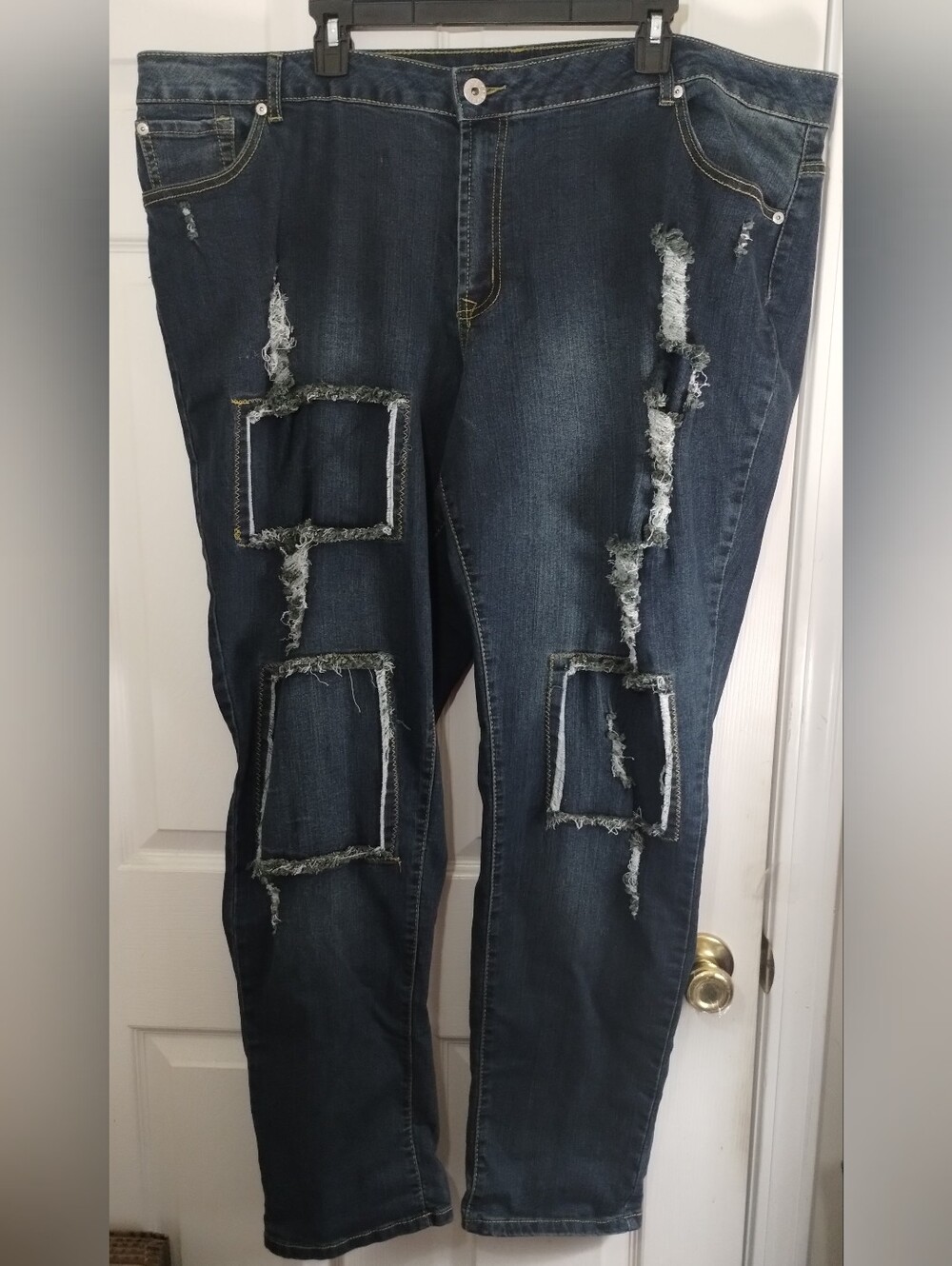 Plus Size Ashley Stewart Distressed Dark Blue Jeans with Patchwork Detail